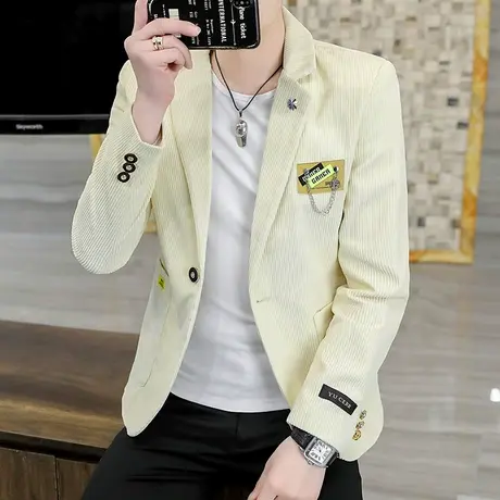 春季灯芯绒西服外套潮流韩版修身单西上衣男士帅气英伦雅痞小西装商品大图