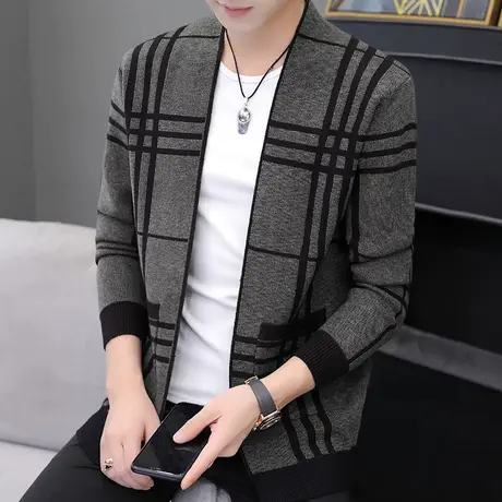 秋冬季格子针织开衫男士毛衣外套韩版拼色薄款夹克衫男青年上衣潮商品大图