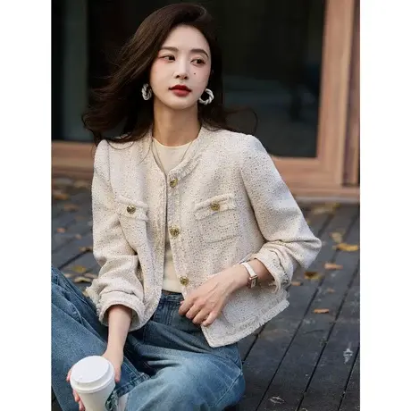 时尚气质外套2023年秋季新款女士圆领长袖百搭短款小香风上衣商品大图