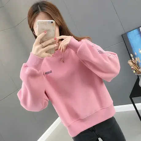 加绒卫衣女套头秋冬新款2022bf慵懒风宽松加厚短款无帽韩版潮ins商品大图