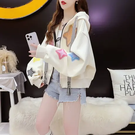 短款小个子连帽卫衣开衫外套女2023新款秋冬慵懒风宽松设计感上衣图片