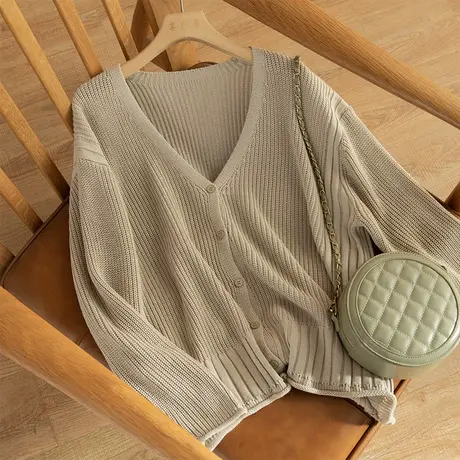 享永子全棉针织开衫女春秋外套宽松下摆卷边文艺复古上衣2023新款商品大图