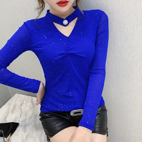 2023春装新款个性褶皱T恤女长袖性感镂空网纱上衣洋气百搭打底衫商品大图