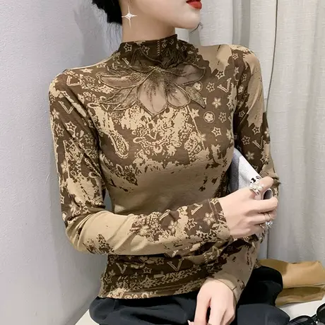 加绒半高领打底衫女秋冬2023新款性感镂空T恤时尚印花长袖上衣ins商品大图