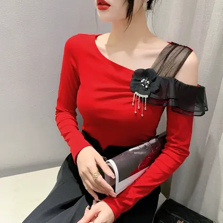 性感露肩长袖T恤女2023秋季新款网纱拼接打底衫洋气设计感上衣潮商品大图