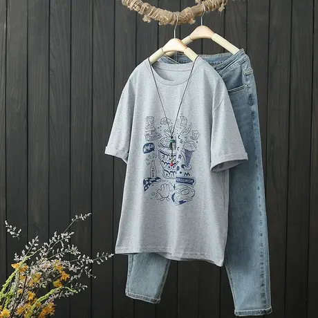 纯棉短袖t恤女装夏季2022年新款圆领宽松薄款印花上衣半袖体恤衫商品大图