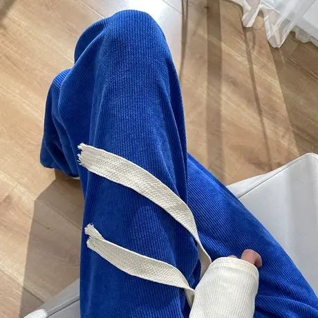 克莱因蓝阔腿裤女灯芯绒秋冬季高腰垂感宽松显瘦运动休闲直筒裤子商品大图