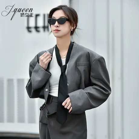 短款西装外套女2023秋季新款时尚设计感领带宽松显瘦宽肩灰色西服商品大图