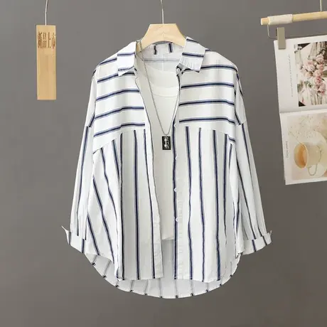 休闲白色条纹衬衫女宽松中长款春秋季2023新款设计感小众上衣衬衣图片