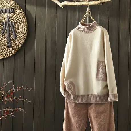 枫谜19年秋冬新款文艺简约绣花半高领套头毛衣女宽松显瘦针织上衣图片