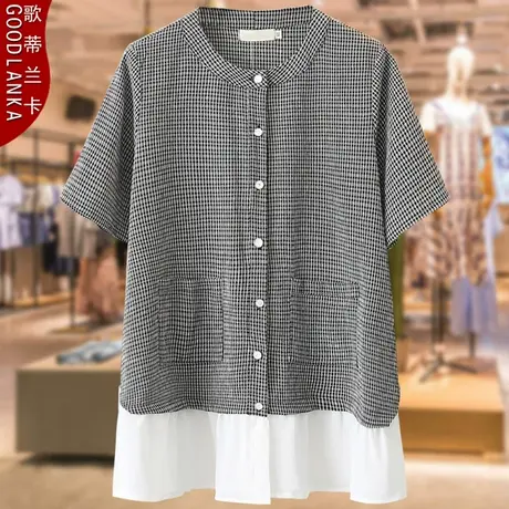 中年妈妈装夏季格子短袖小衫加肥加大码女中长款纯棉衬衫薄款外套商品大图