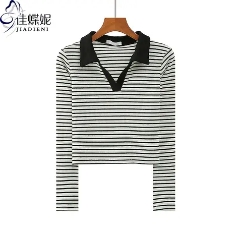 秋冬新款韩版翻领修身短款纯欲纯棉条纹长袖体恤上衣内搭女打底衫商品大图