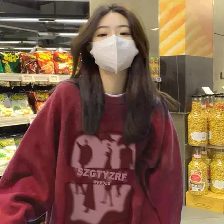 oversize美式复古酒红色卫衣女春秋季薄款宽松设计感小众早秋上衣图片