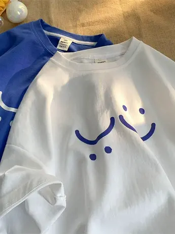 韩系chic笑脸t恤女夏季大码洋气半袖纯棉上衣ins慵懒风情侣短袖潮图片