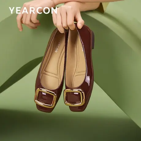 意尔康单鞋女2023年新款酒红色气质方扣浅口平底鞋舒适通勤小皮鞋商品大图