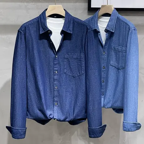 纯棉水洗牛仔衬衫男长袖潮流百搭高级感男装工装衬衣日系休闲外套商品大图