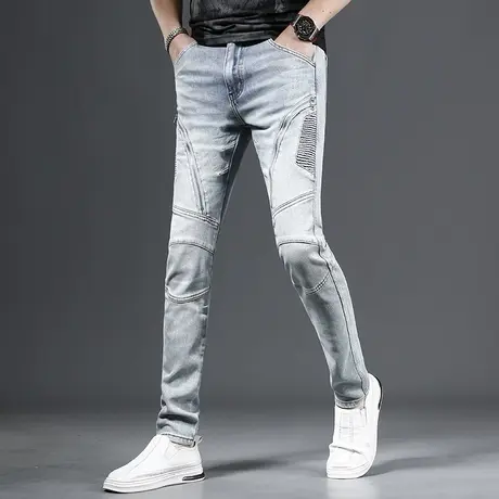 2023新款牛仔裤男款修身小脚潮牌拼接机车男士牛仔裤浅色春夏薄款商品大图