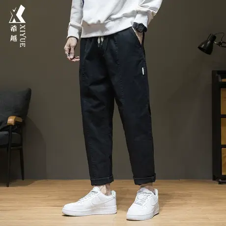 希越秋季黑色拼接休闲裤男胖子秋冬百搭直筒九分宽松大码锥形裤子商品大图