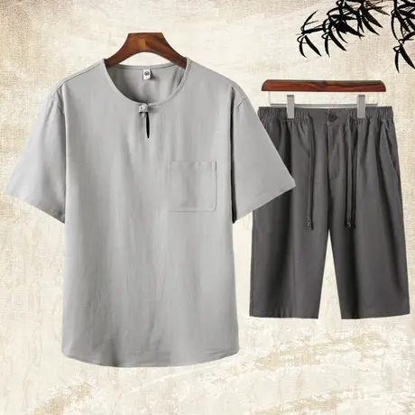 新中式亚麻短袖t恤男大码唐装盘扣男装夏季薄款中国风搭配套装图片