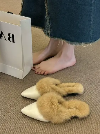 小香风包头半拖鞋女2022年秋冬新款外穿时尚千鸟格平底尖头毛毛拖商品大图