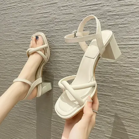 法式气质凉鞋女2023年夏季新款粗跟一字扣带高跟鞋时尚网红配裙子商品大图