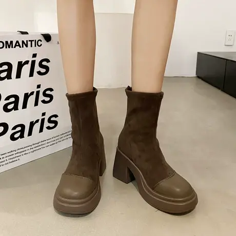复古粗跟高跟短靴2022秋冬新款厚底增高时装靴时尚百搭休闲瘦瘦靴商品大图