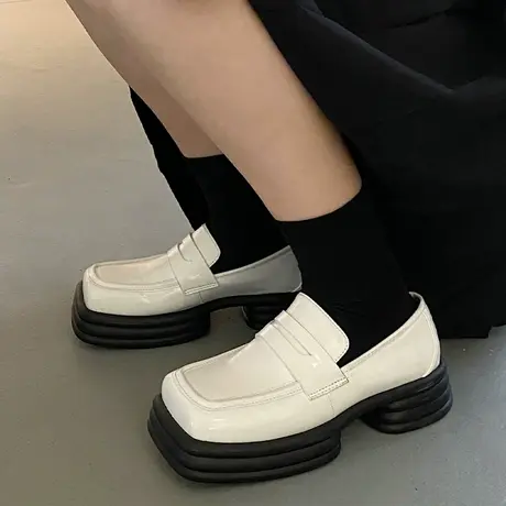 日系小皮鞋女鞋2023年春秋季新款方头厚底乐福鞋英伦风白色休闲鞋图片