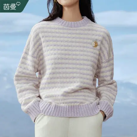 茵曼法式条纹毛衣女2023冬季新款圆领宽松套头针织衫打底保暖上衣商品大图