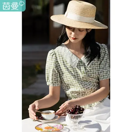 茵曼2023夏装新款拼接镂空花边翻领荷叶边衣摆短袖款衬衣田园清新商品大图