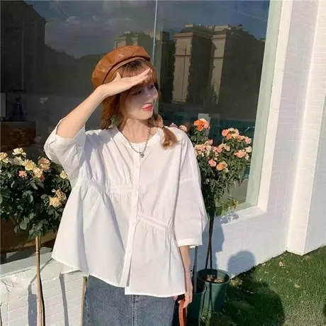 衬衫女设计感小众夏季2023新款不规则减龄宽松外穿七分袖上衣衬衣商品大图
