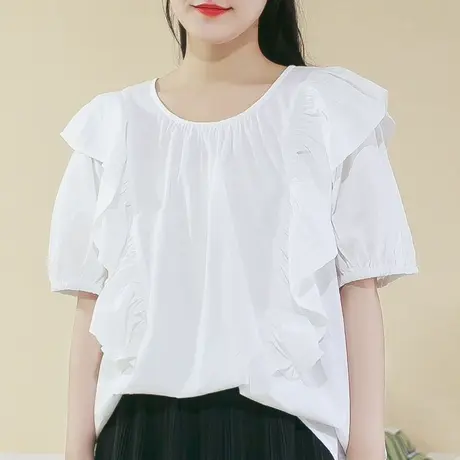 胖妹妹夏季2023新品法式荷叶设计棉质衬衫 加大码短袖圆领上衣T恤商品大图