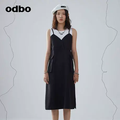 odbo/欧迪比欧时尚设计工装风假两件连衣裙女秋冬新款内搭直筒裙图片
