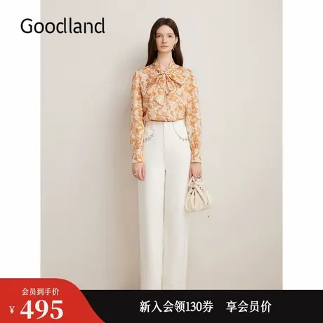 Goodland美地秋季法式朱伊碎花衬衫飘带领印花上衣商品大图
