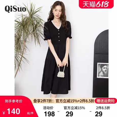 绮娑大码女装2025年夏装新款显瘦胖mm连衣裙V领蕾丝拼接小黑裙子商品大图