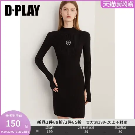 DPLAY2023冬通勤佰搭经典黑撞色刺绣半高领袖套小黑裙针织连衣裙商品大图