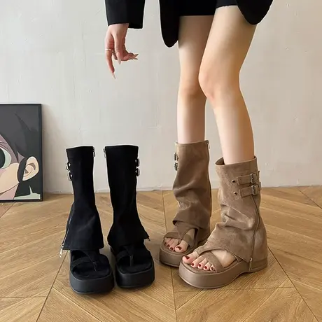 厚底夹趾凉鞋女2025夏季新款复古网红两穿罗马凉靴裤管堆堆长筒靴商品大图