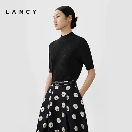 LANCY/朗姿2024春季新款半高领短袖内搭薄针织衫女羊毛真丝打底衫图片