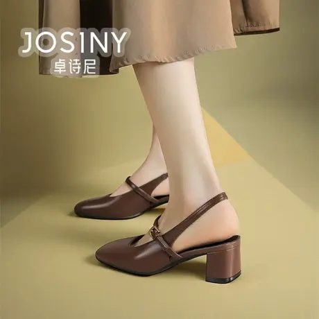 卓诗尼2025年春季新款法式复古风一字扣中跟单鞋包头凉鞋粗跟女鞋图片