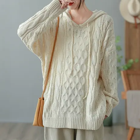 dza 复古纯色连帽毛衣女士秋冬内搭洋气上衣宽松打底衫休闲针织衫商品大图