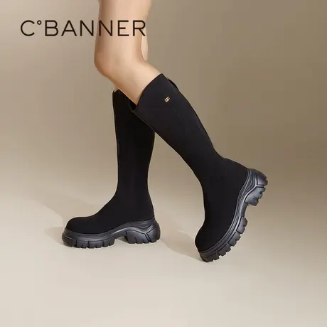 千百度厚底潮流弹力袜靴女2024冬季新款增高显瘦高筒长靴瘦瘦靴商品大图