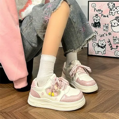 人本原创网面透气小白鞋女厚底2025夏季新款休闲运动增高轻便板鞋商品大图