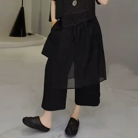 欧货时尚不规则拼纱围裙裤假两件女新高腰阔腿显瘦时尚山本裤ins商品大图