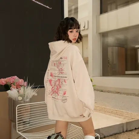YEP复古蝴蝶印花连帽卫衣女春秋2025新款宽松oversize慵懒风外套商品大图