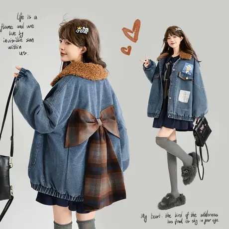 KEIKO [夹棉/保暖] 蝴蝶结扎花牛仔棉服外套女冬季少年感夹克棉袄图片