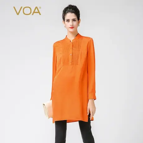 VOA100%桑蚕丝桔黄提花立领纯色简约单排扣风琴褶直筒真丝衬衫女商品大图