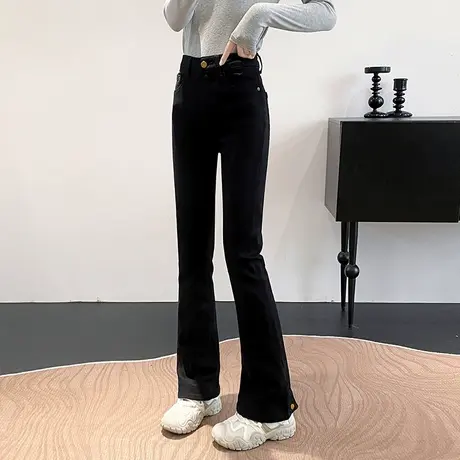 丽洁四面弹牛仔裤女秋季喇叭长裤2025新款垂感微喇裤子黑色马蹄裤商品大图