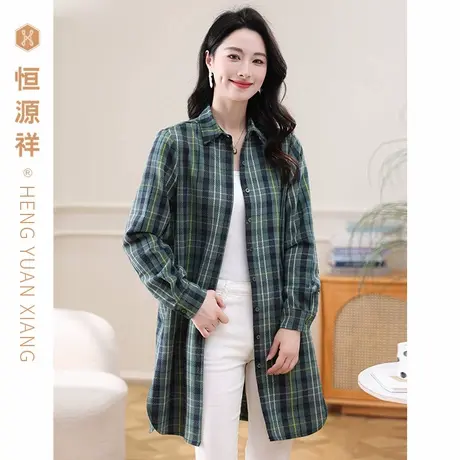 恒源祥100%棉格子衬衫女长袖春秋季复古港风显瘦纯棉中长款上衣潮商品大图