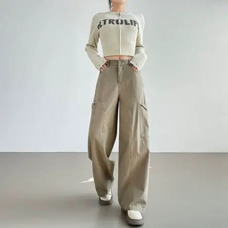 美式复古大口袋阔腿工装裤女秋季新款高腰显瘦宽松休闲直筒拖地裤商品大图