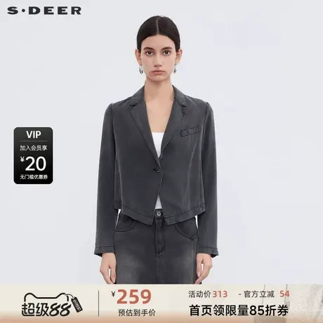 sdeer圣迪奥女装西装领一粒扣做旧牛仔外套S23382202商品大图