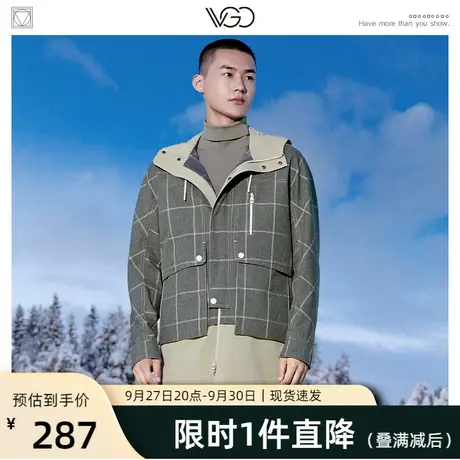VGO风衣男士工装连帽色织格纹混纺面料内外异色设计潮休闲风衣男图片